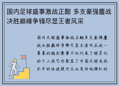 国内足球盛事激战正酣 多支豪强鏖战决胜巅峰争锋尽显王者风采