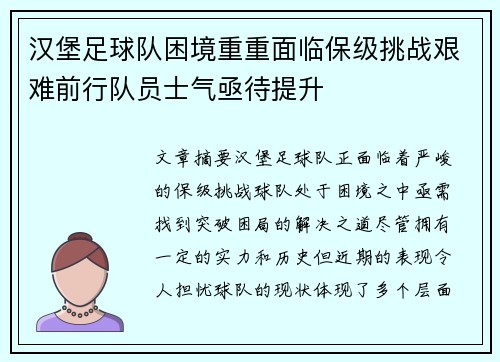 汉堡足球队困境重重面临保级挑战艰难前行队员士气亟待提升